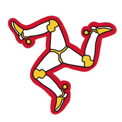 The Manx triskelion, the symbol for the Isle of Man, with a thick border around it. The border is the same shade of red as the background of the Isle of Man's flag.